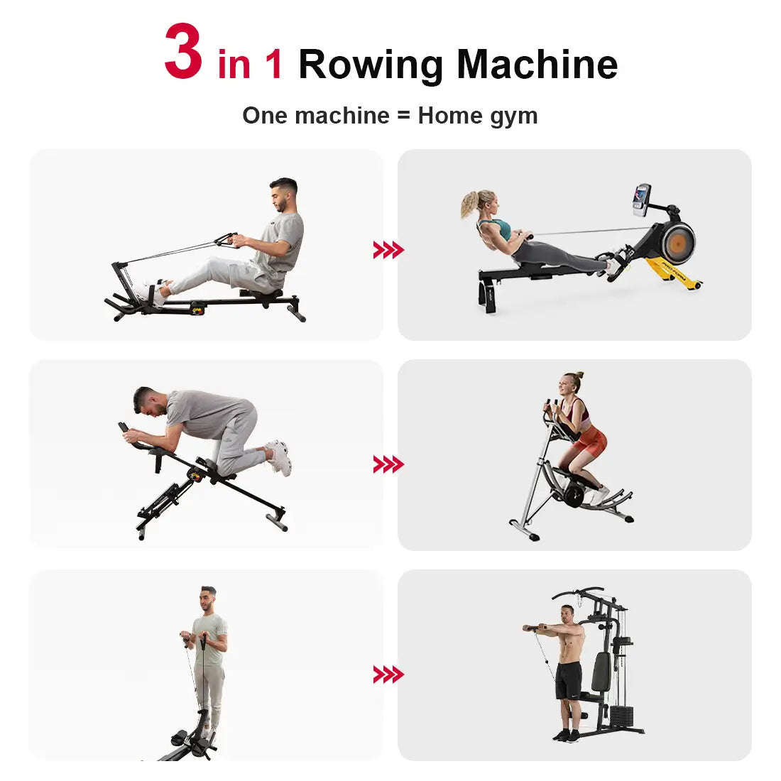 Tousains 3 in 1 rowing machine: 1 equipment replaces 3 machines