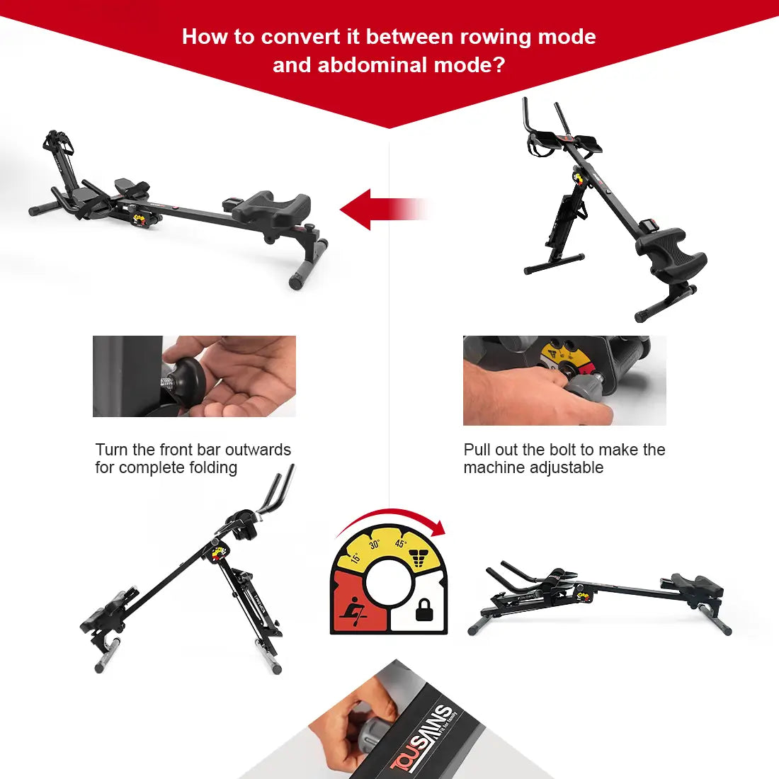 how to convert between rowing mode and abdominal mode while using Tousains 3 in 1 rowing machine