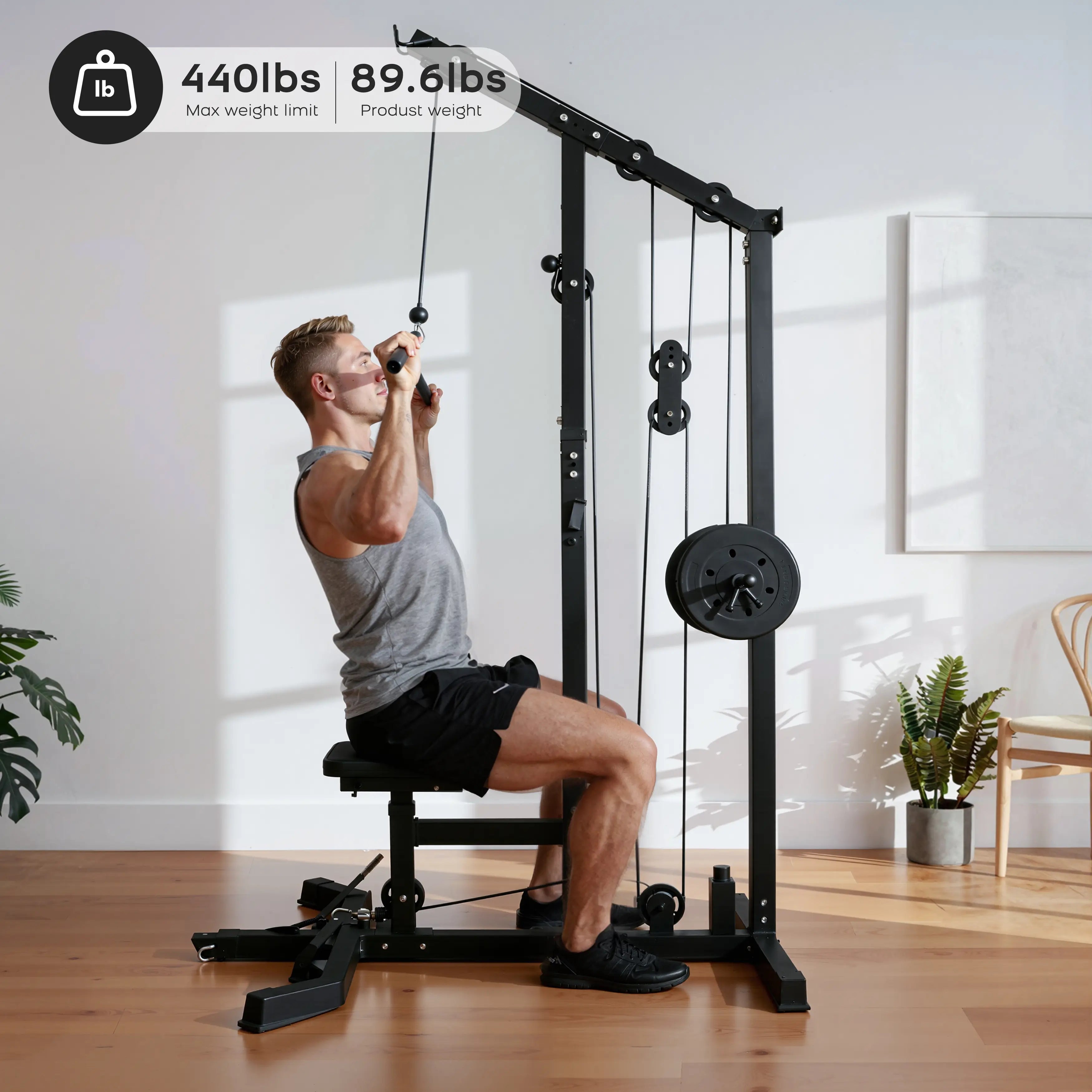 TOUSAINS plate loaded lat pulldown machine for home LA76 with a maximum weight capacity of 440 lbs and a product weight a 89.6 lbs