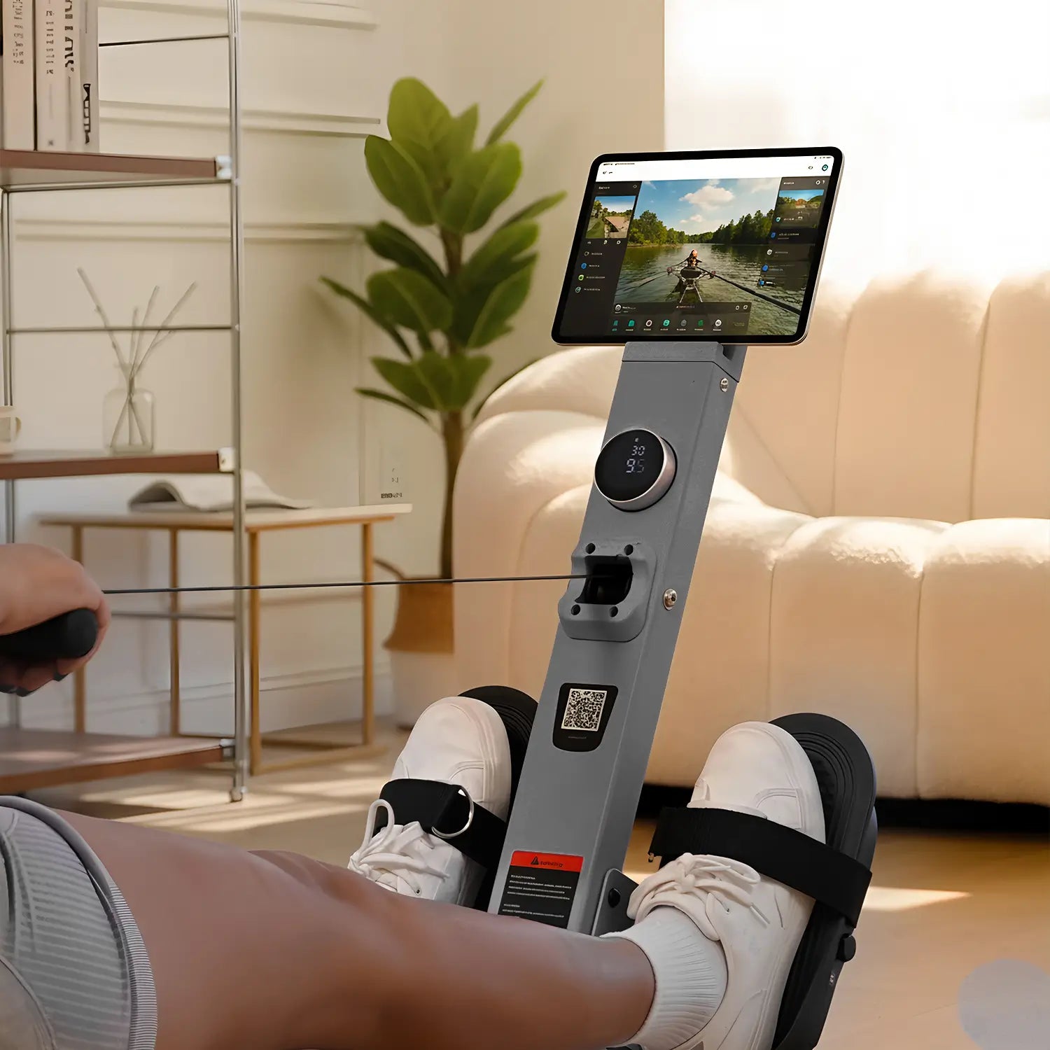 Rowing machine self-powered display lights up while exercising