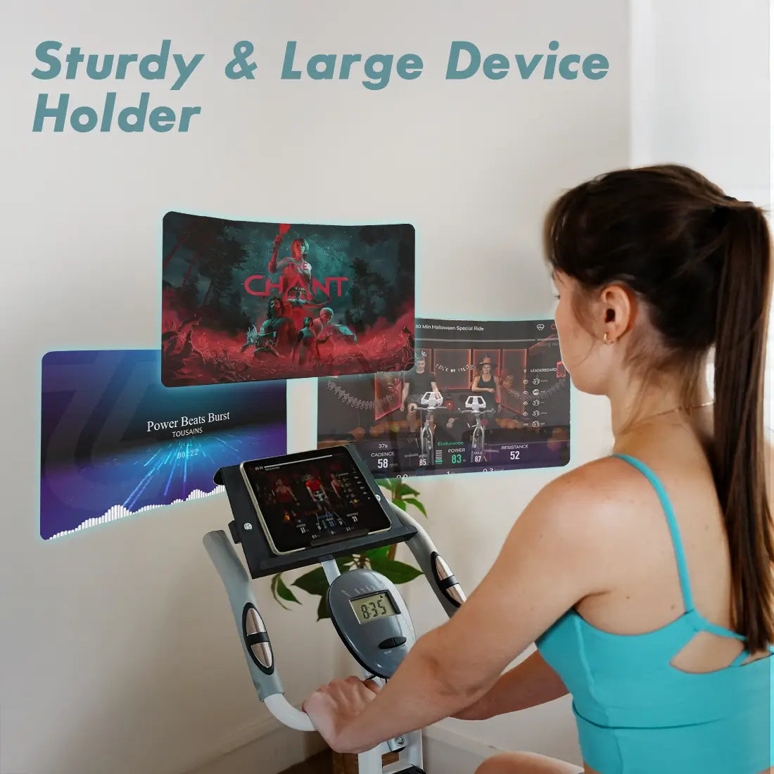 Tousains foldable exercise bike is designed with large device holder.