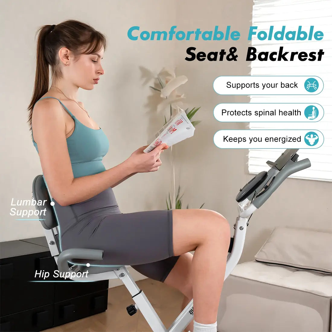 Tousains foldable exercise bike with seat and backrest