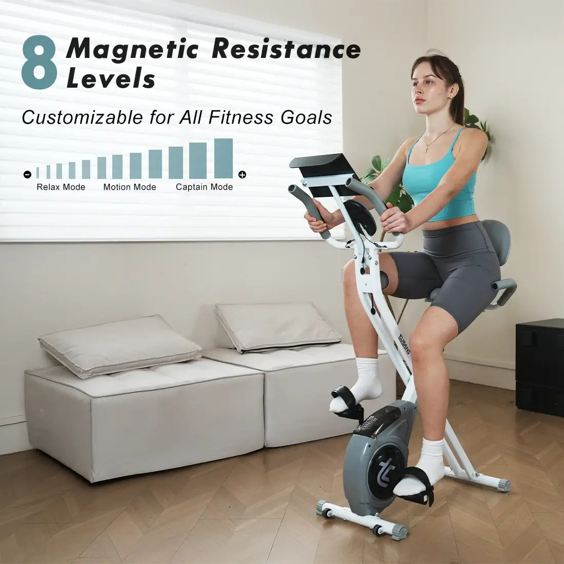 Tousains foldable exercise bike is equipped with 8 magnetic resistance levels.