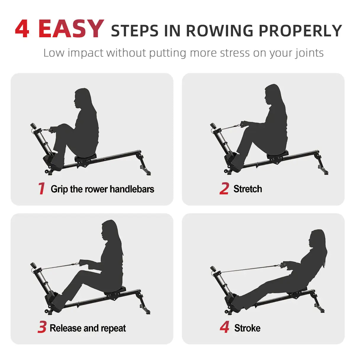 4 easy steps to use Tousains foldable  rowing machine