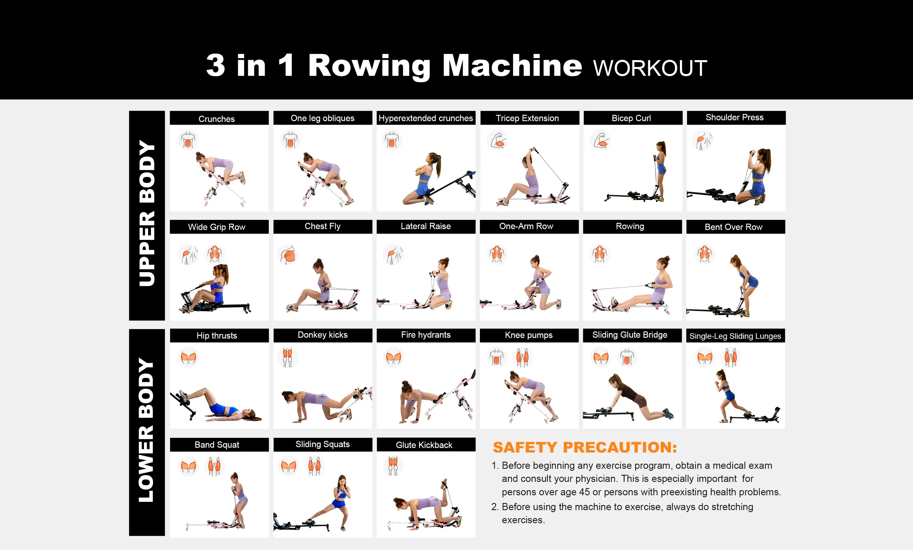 what moves can the 3 in 1 rowing machine master?