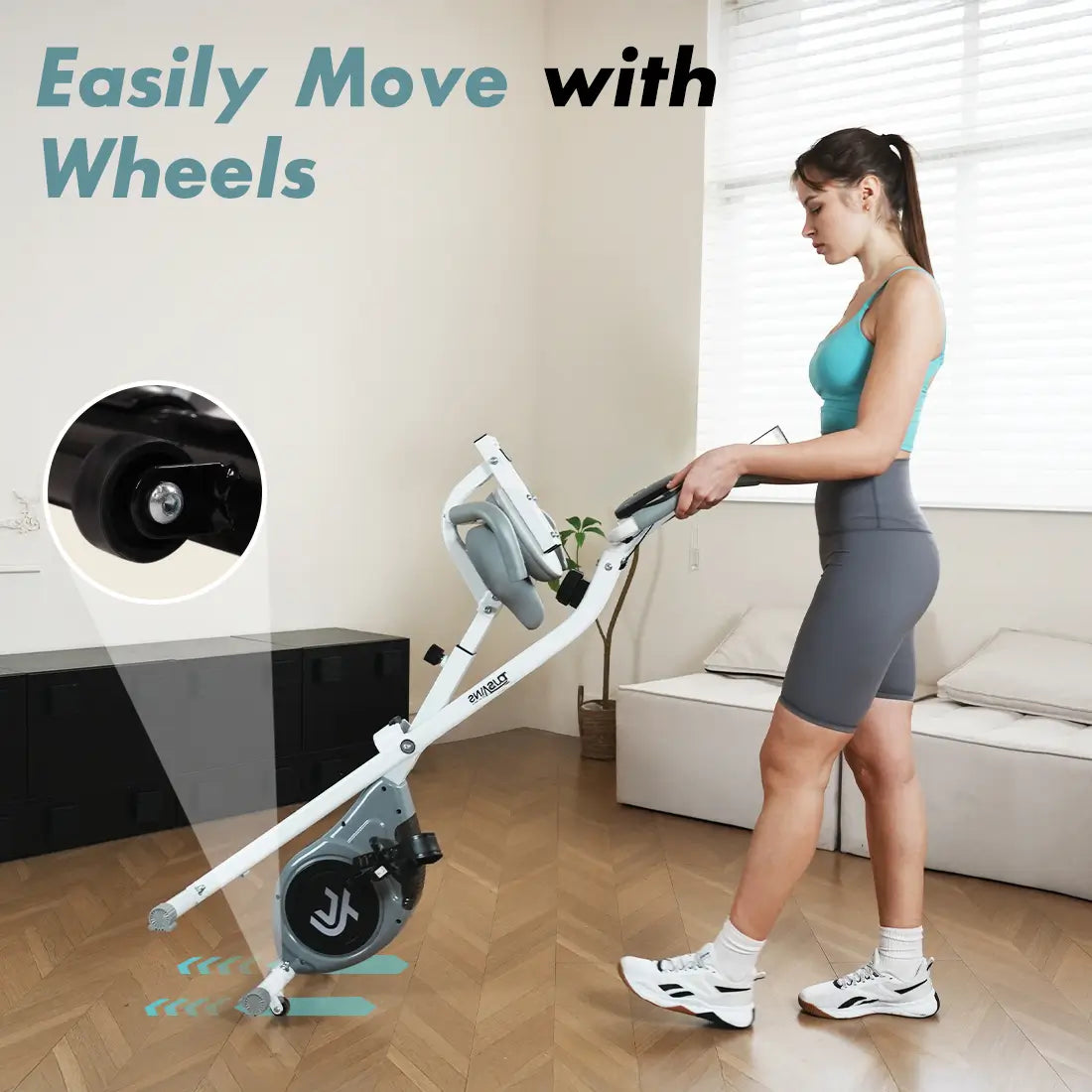 Tousains foldable exercise bike with built-in wheels in the bottom is easy to move. 